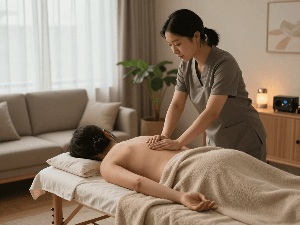 Comfortable 용인출장마사지 session in a serene home environment, showcasing professional therapy and relaxing atmosphere.