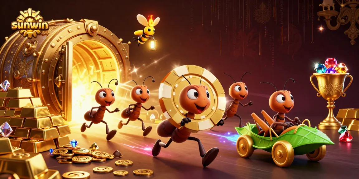 Engage in thrilling gameplay at Sunwin, where a whimsical heist unfolds with ant characters carrying golden chips.