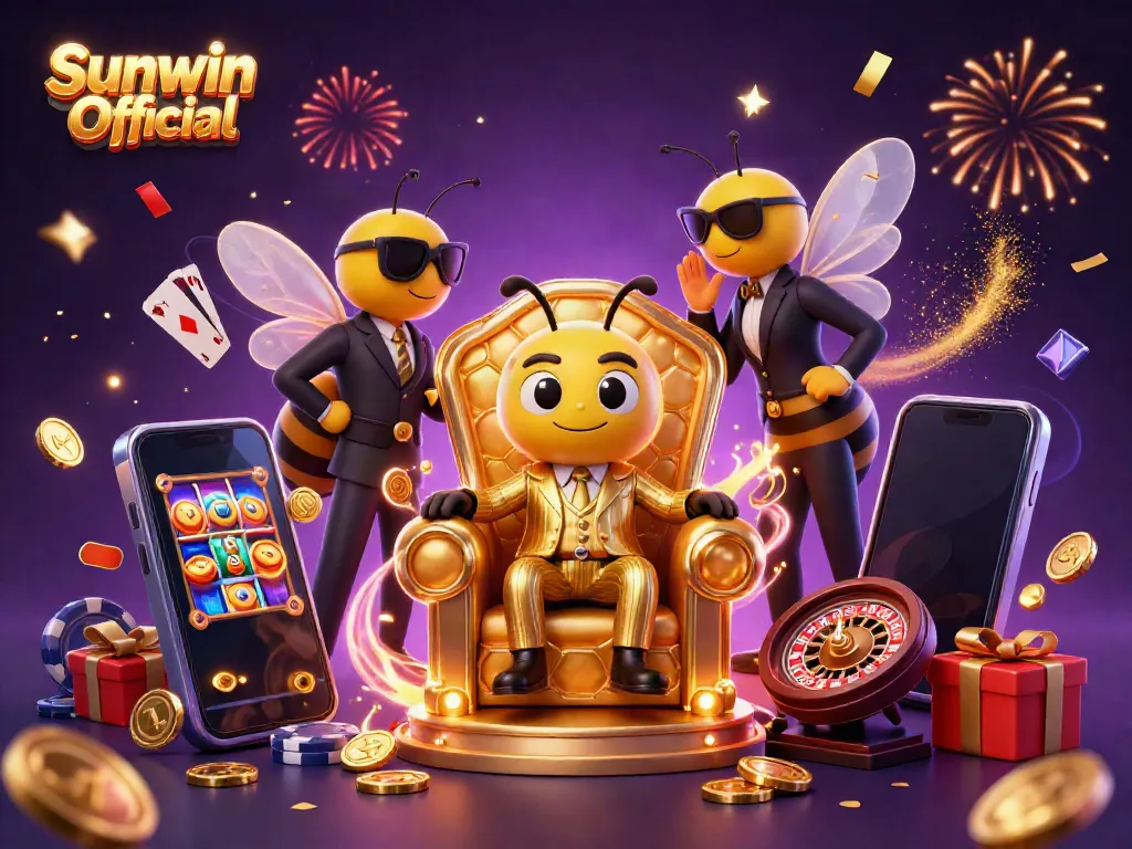 Engaging scene featuring Sunwin Official with slot games, golden coins, and colorful characters.
