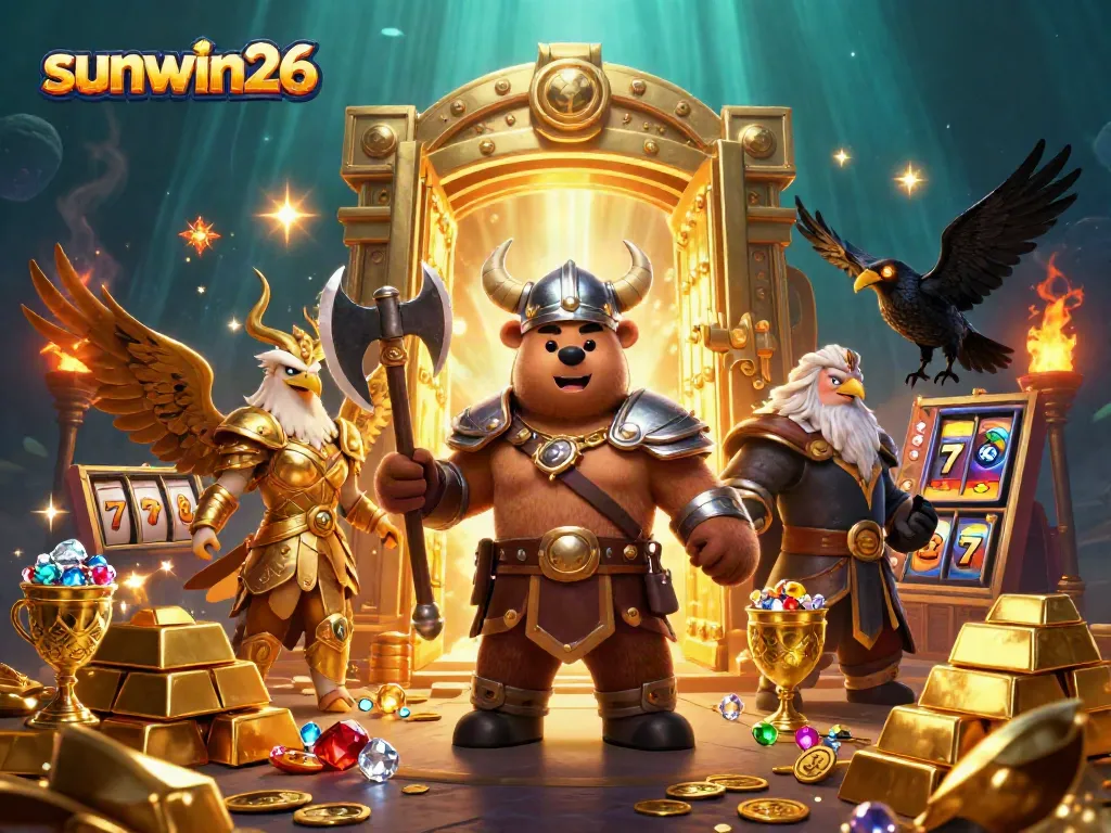 Join the thrilling action of sunwin26 with Viking warriors and treasures in a vibrant casino scene.