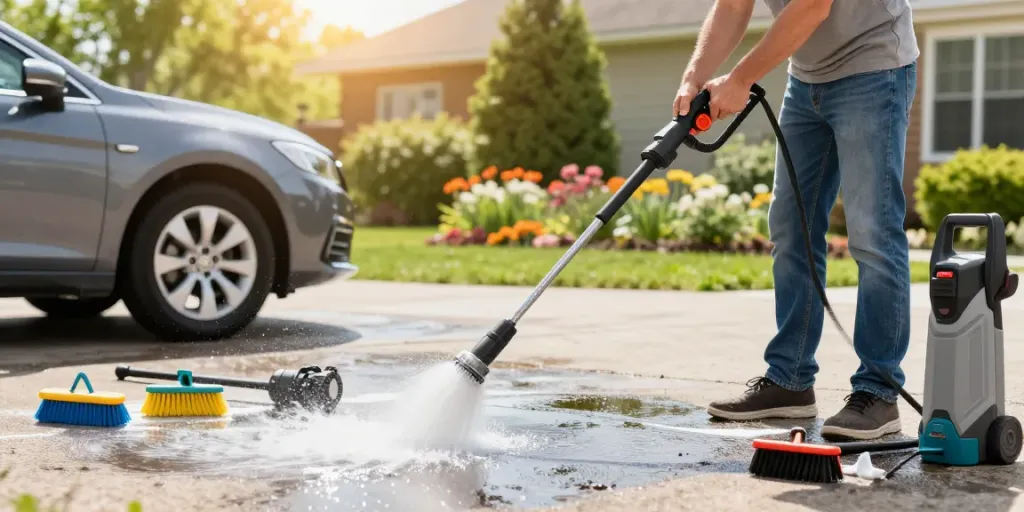 Homeowner using a bosch pressure washer outdoors, cleaning driveway and car with greenery in background.