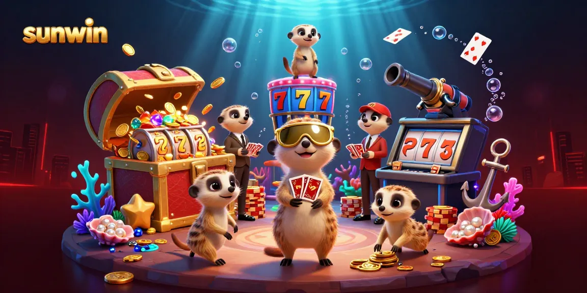 Sunwin casino meerkats managing a vibrant game scene with colorful gems and slot reels.