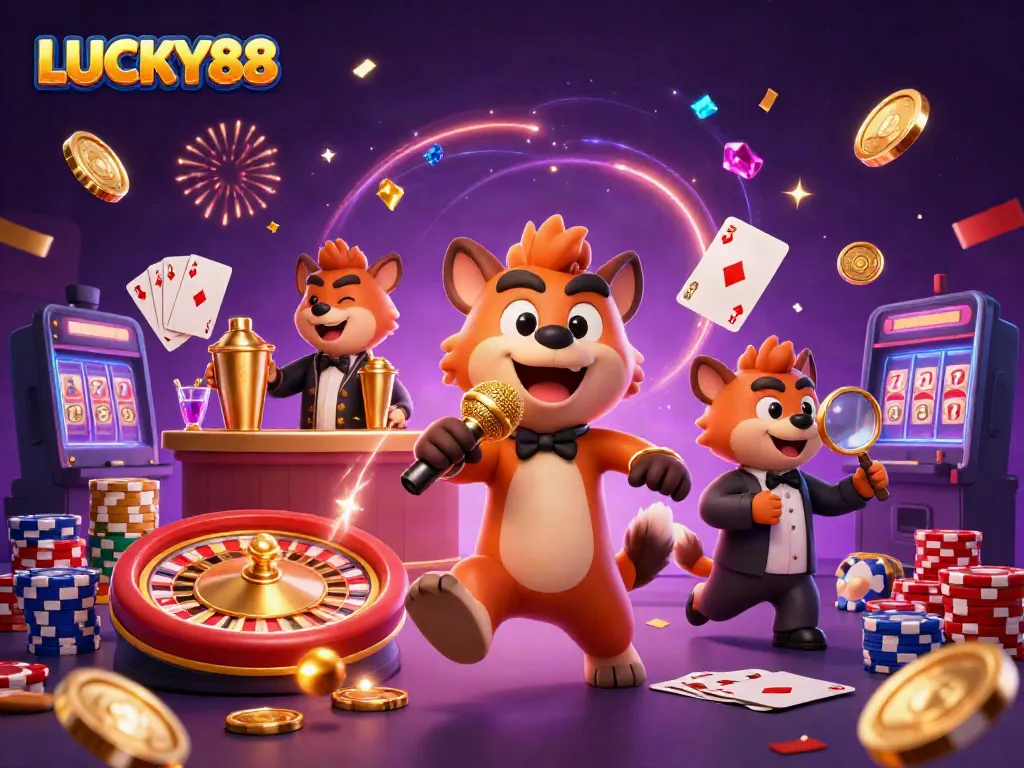 LUCKY88 heroes bringing entertainment to life with vibrant casino scene featuring comedy and excitement.