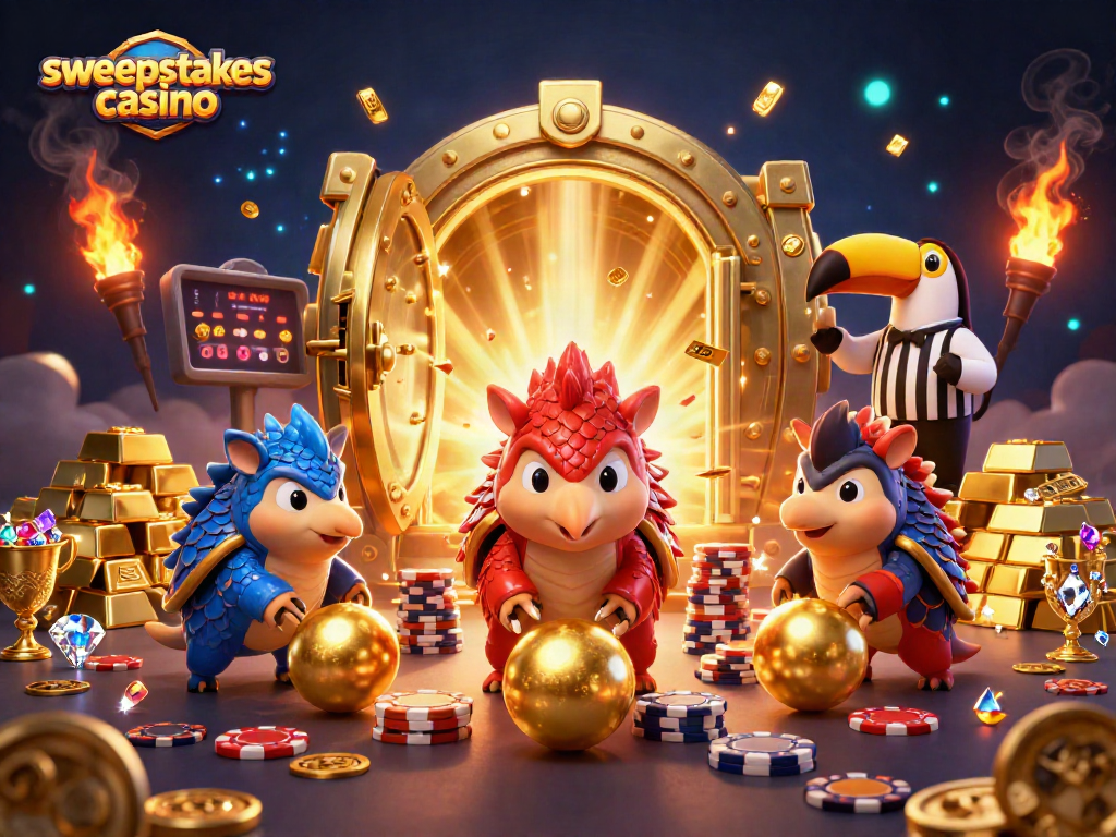Experience the excitement of a sweepstakes casino with vibrant pangolins and golden treasures.