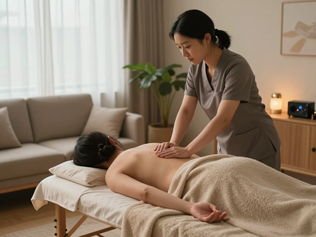 Comfortable 용인출장마사지 session in a serene home environment, showcasing professional therapy and relaxing atmosphere.