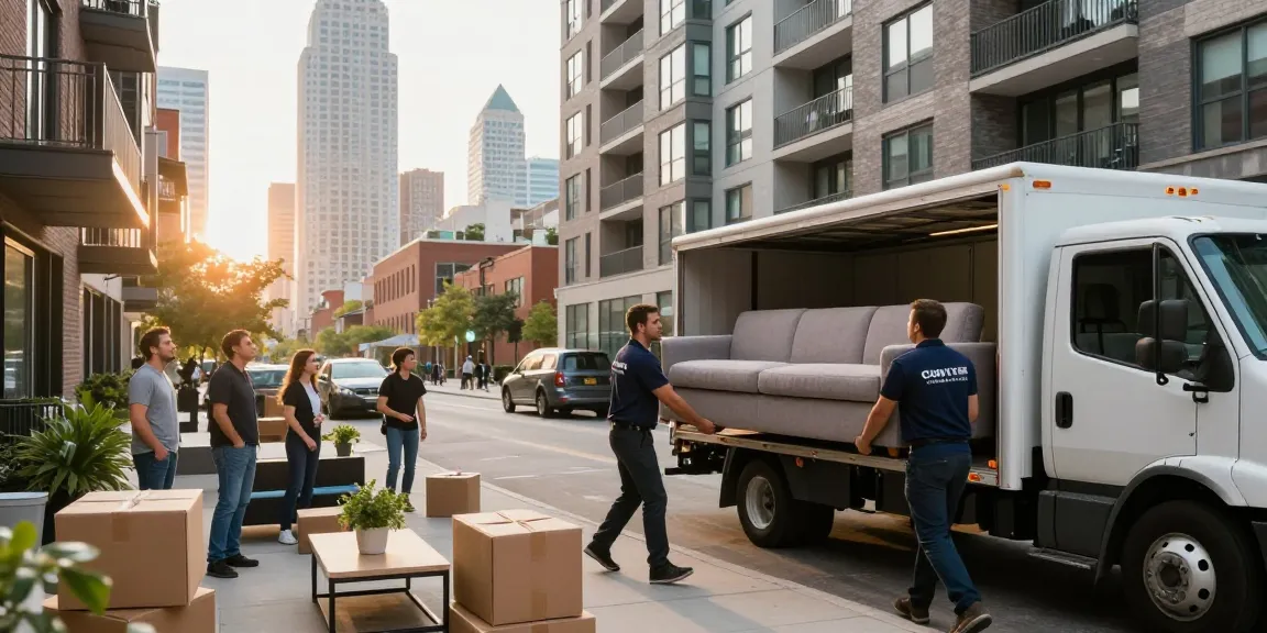 Chicago moving company professionals expertly relocating furniture in a vibrant urban setting.