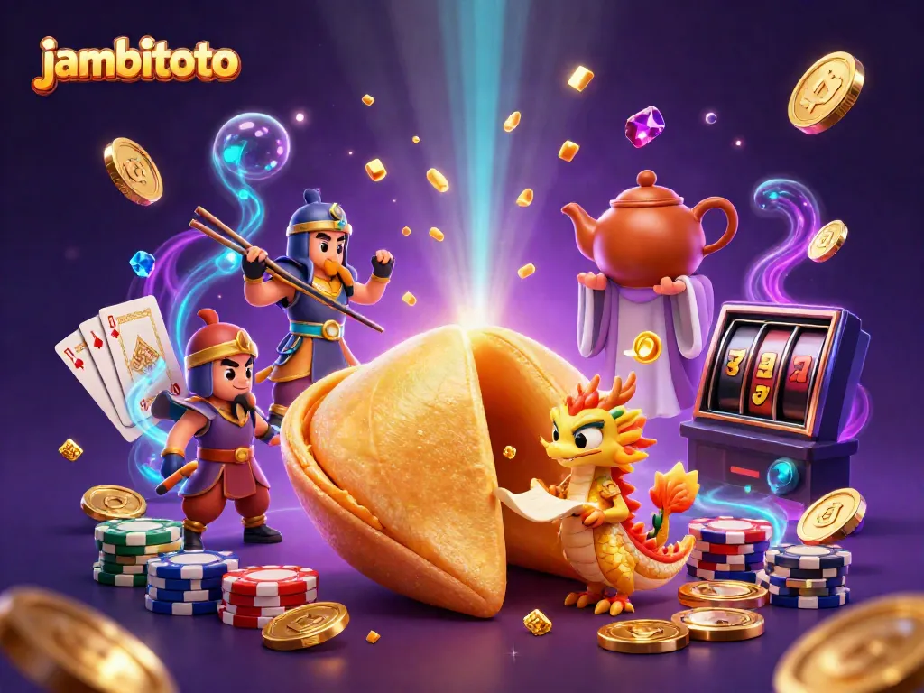 Win big with jambitoto's vibrant 3D illustration showcasing golden fortunes and magical gaming elements.