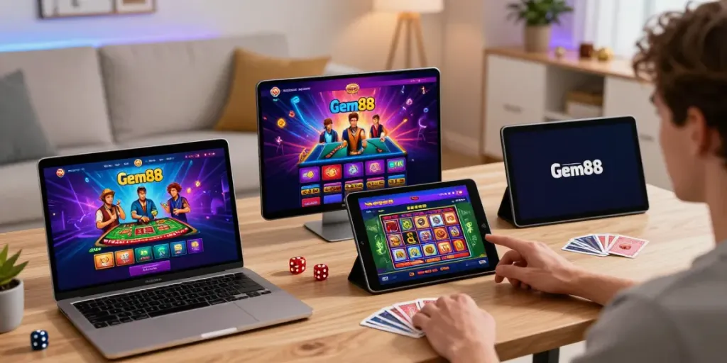 Engaged player exploring Gem88's diverse gaming platform in a cozy setting.