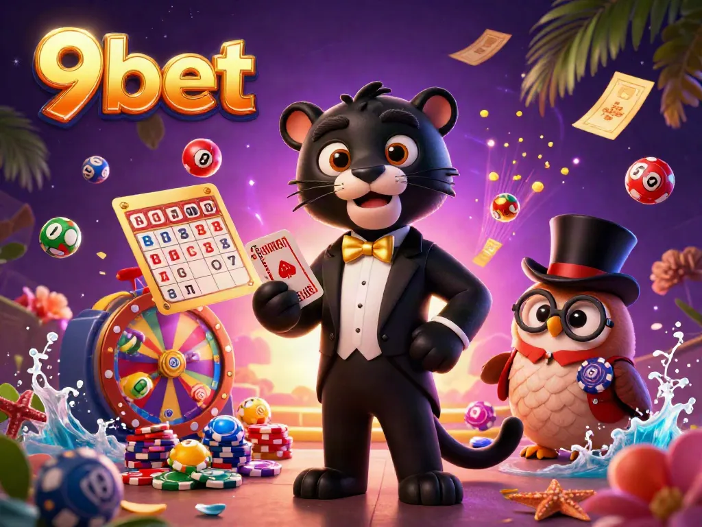 Experience thrilling gameplay at 9bet with a stylish panther dealing cards in a vibrant casino scene.