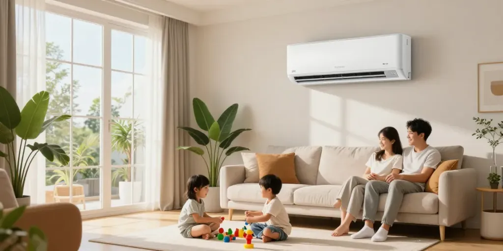 Family enjoying a cool atmosphere with an 18k mini split air conditioner in a stylish living room.
