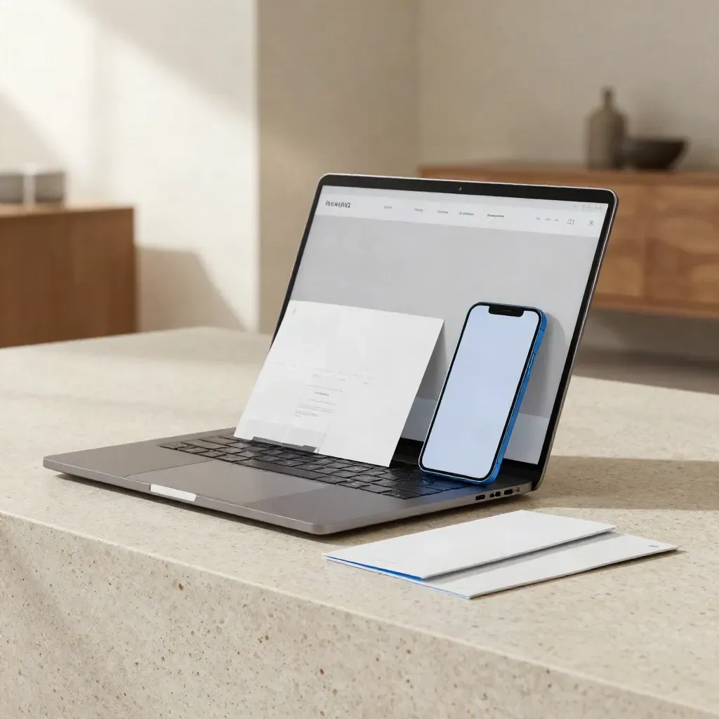 Website launch package on pale stone with laptop, mockups and site cards in soft haze.