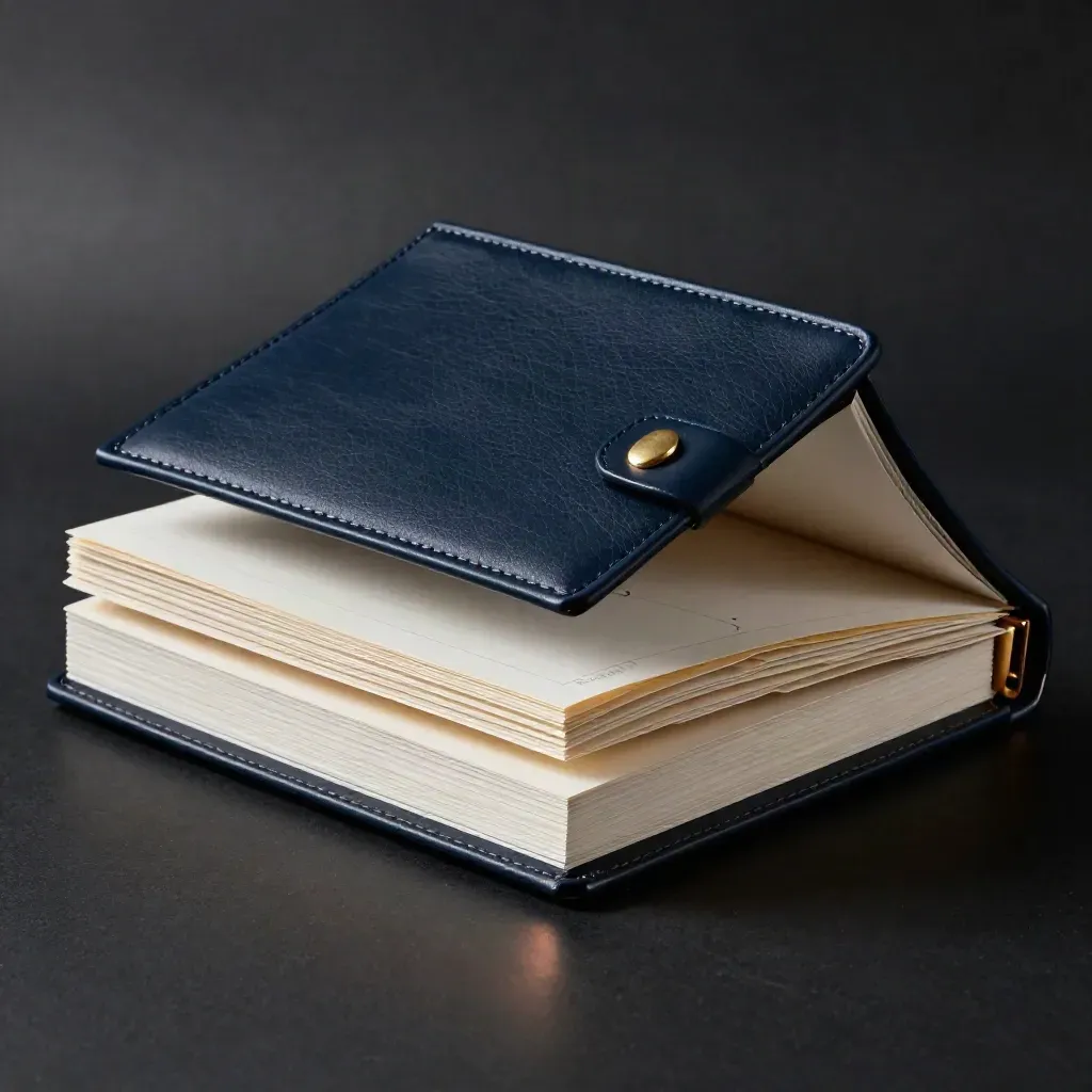 Dim studio hero shot of a navy strategy folio opening to layered boards