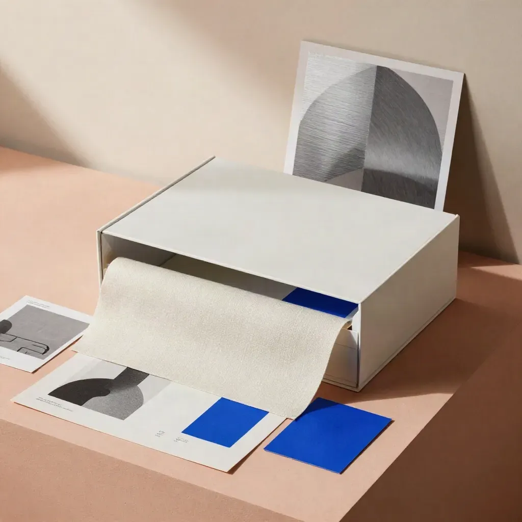 Open rebrand kit with box, mark studies, blue chips, and linen on a plaster plinth