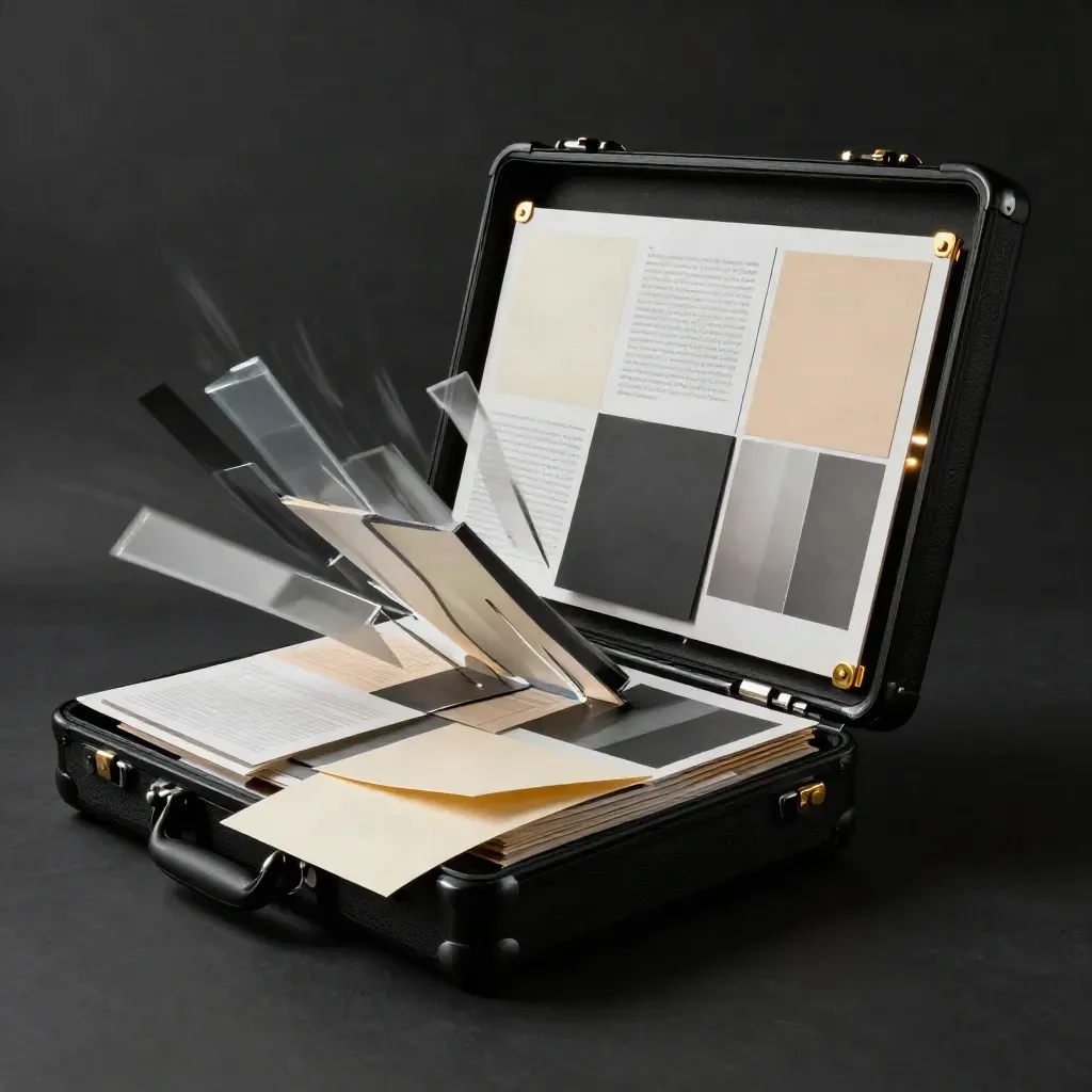 Open brand launch case with mockups, strategy boards, and gold-accented cards bursting out.