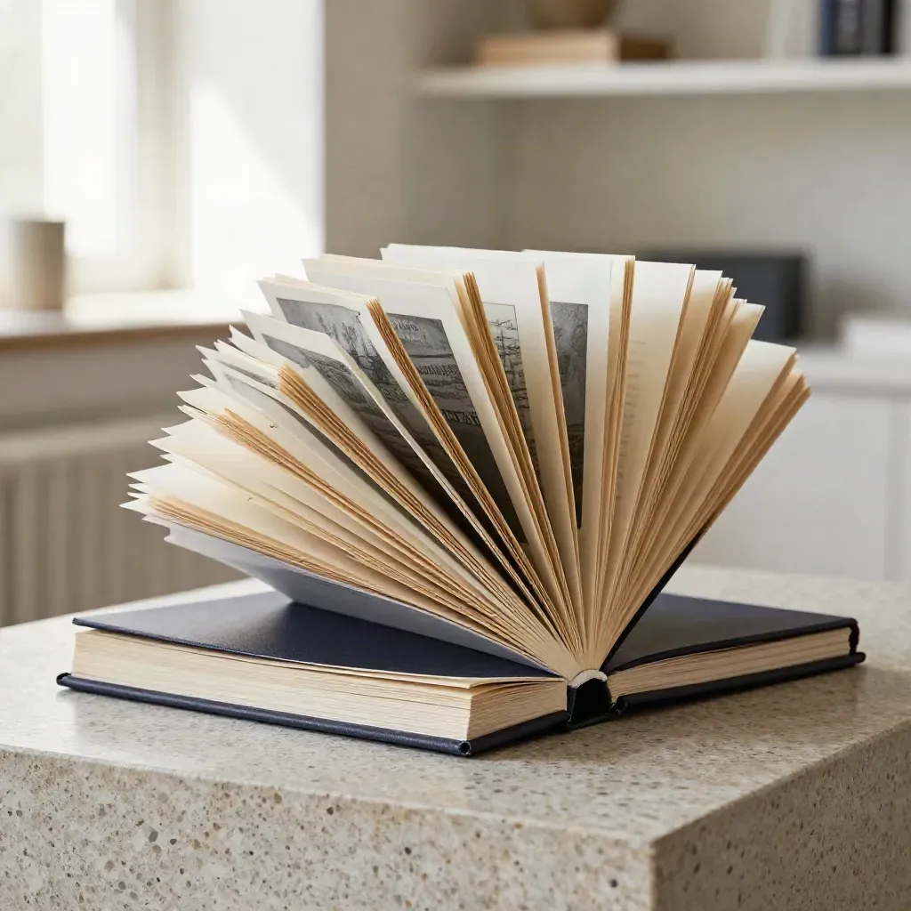 Open investor update deck in a navy slipcase with fanned boards on travertine, lit by a bright rim glow.