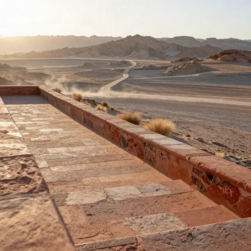Golden desert terrace with warm stone, distant mesas, and open copy space in soft haze.