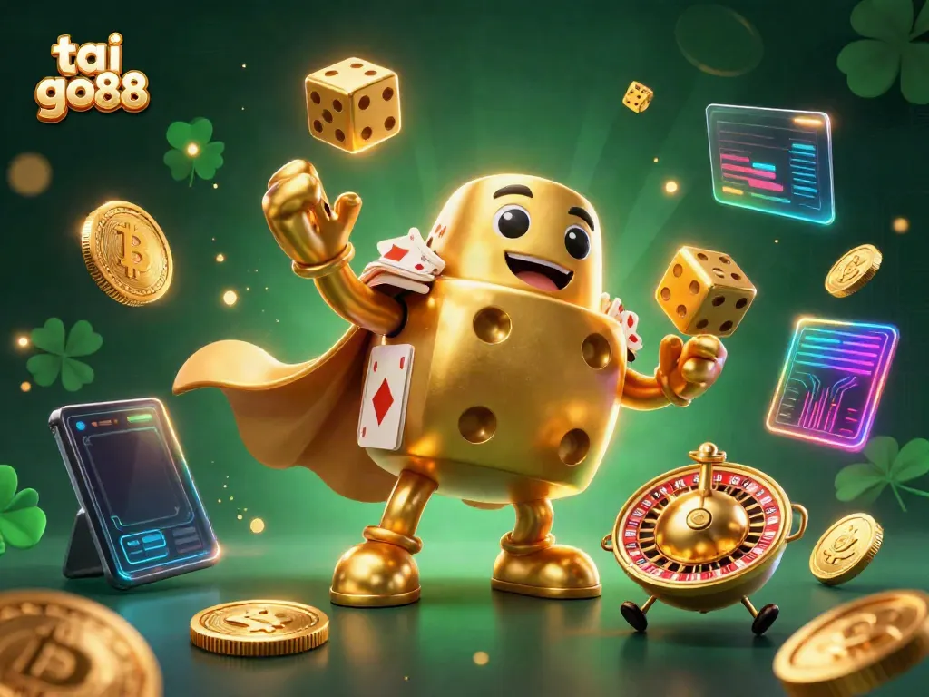 Experience the vibrant world of tai go88 with a playful golden dice golem and dynamic crypto elements.