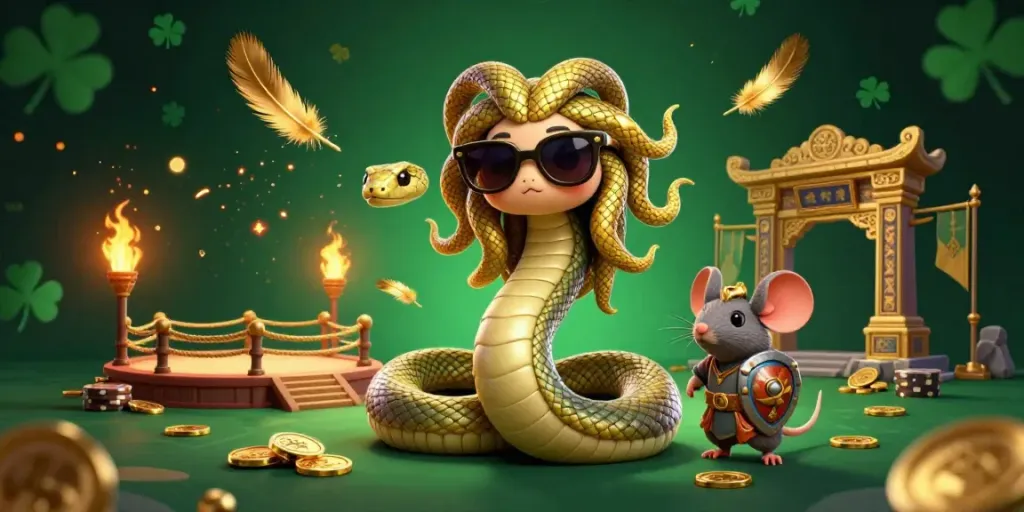 Engage with thrilling TX88 casino action featuring Medusa and warrior mouse in a vibrant gambling arena.
