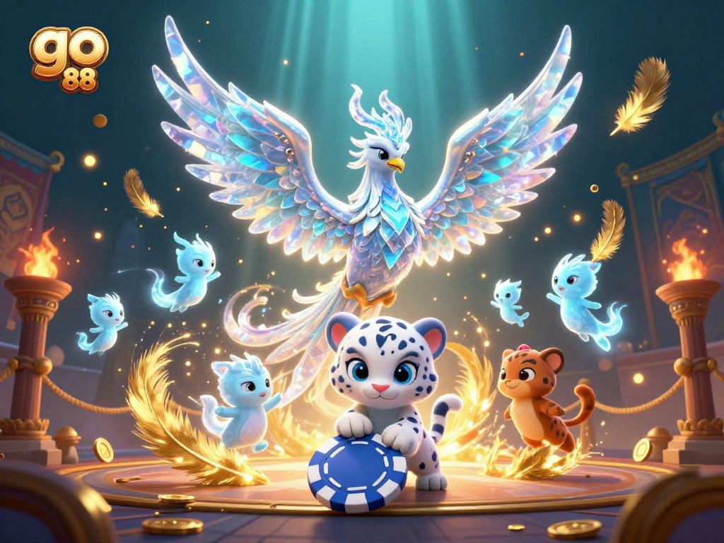 Experience the thrill of go 88 as playful ice sprites dance around an ice phoenix and a snow leopard cub.