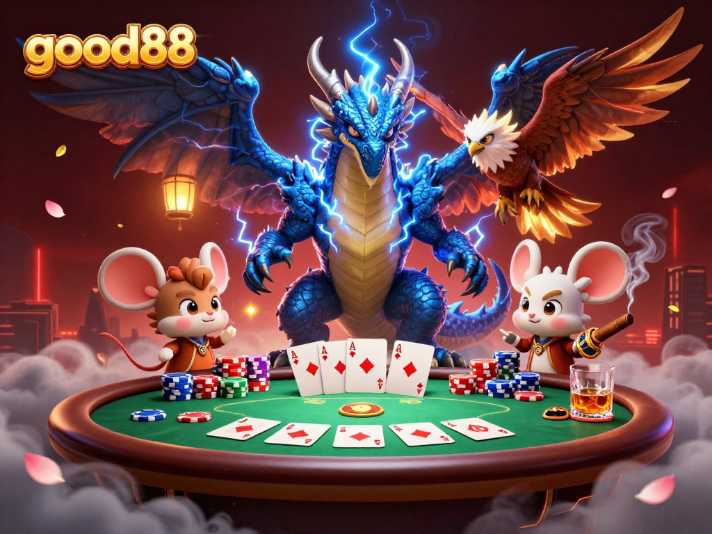 Experience exciting gaming with good88 featuring a dragon, hawk, and thunder mouse at a vivid poker table.