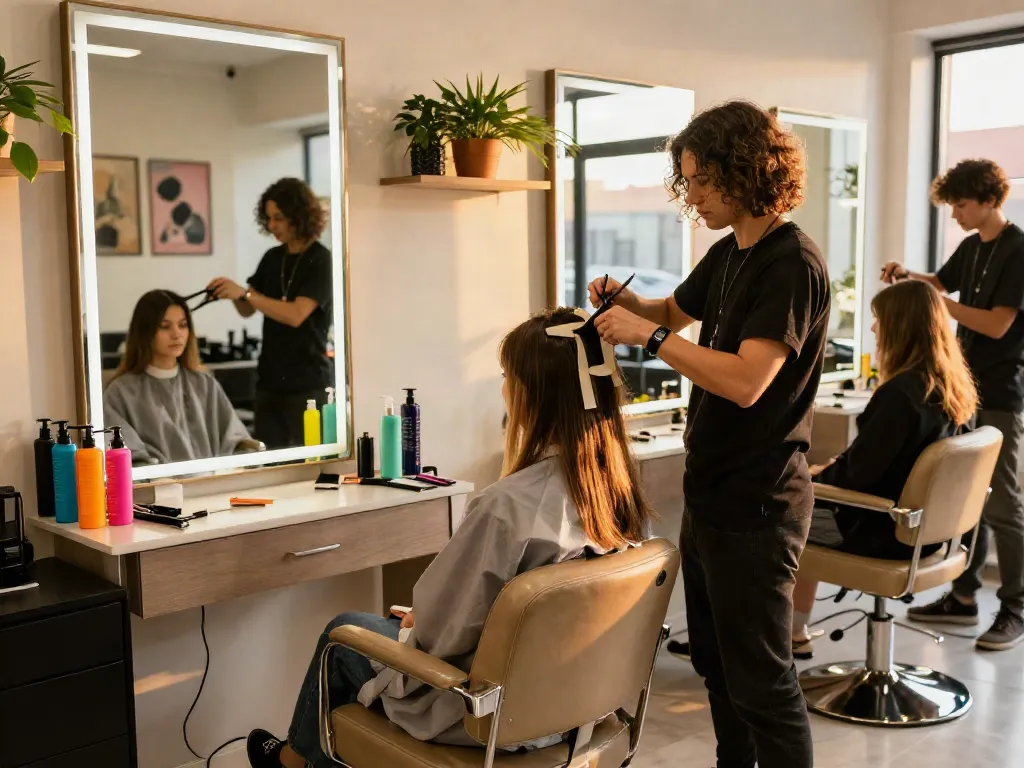 Tape extensions for thin hair being applied in a stylish salon setting.