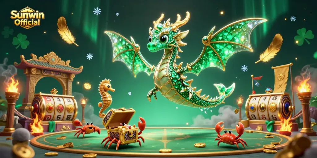Experience a vibrant scene with Sunwin Official showing a fantasy dragon amidst casino elements.