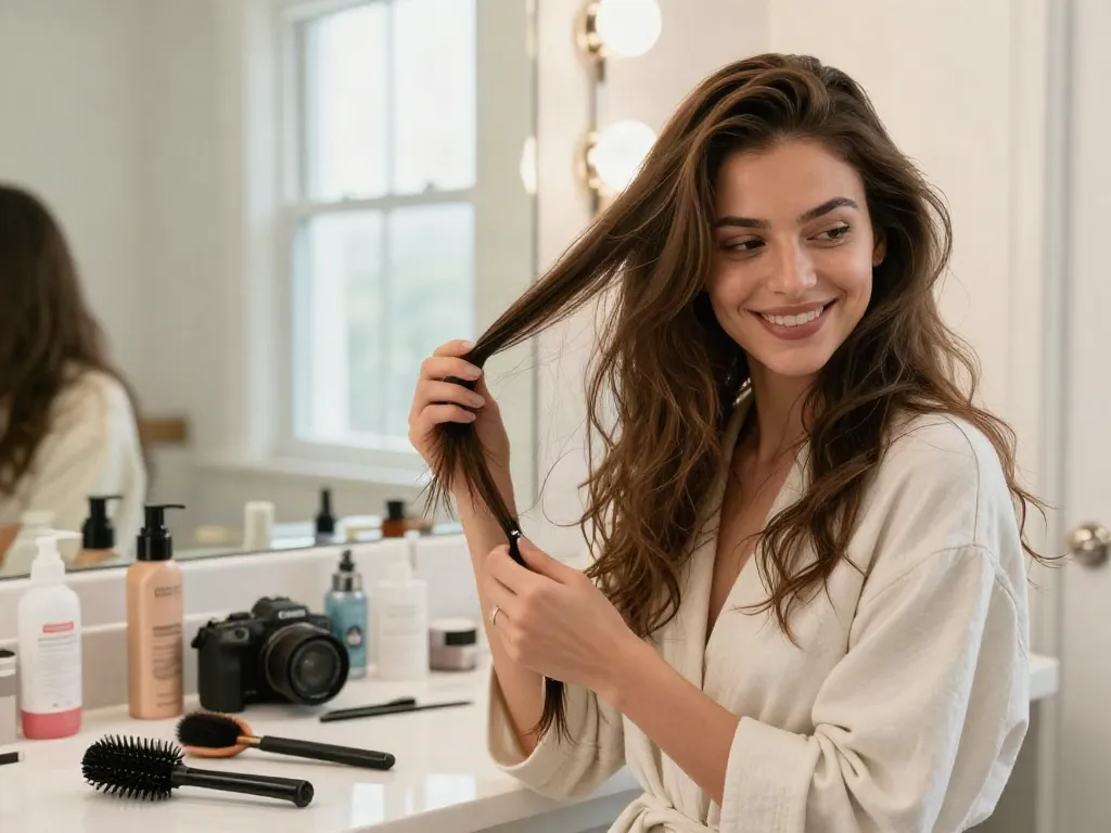 Applying clip ins for thin hair in a bright bathroom, enhancing volume.