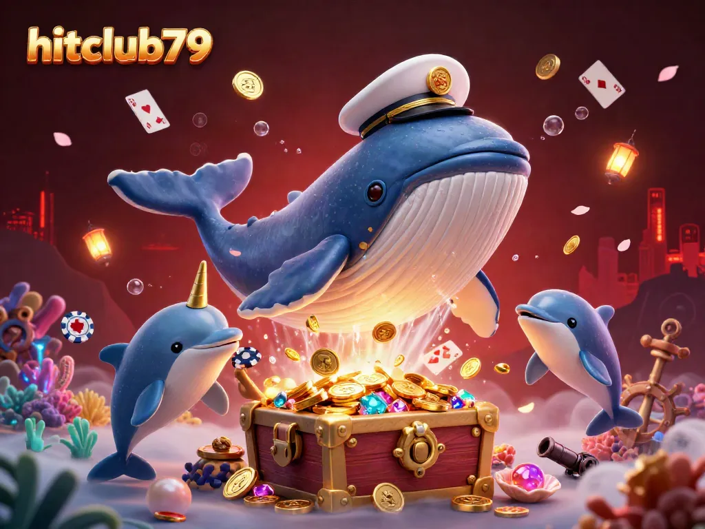 Engage with hitclub79's vibrant online casino experience showcasing a whale and sea creatures amidst treasures and gambling elements.