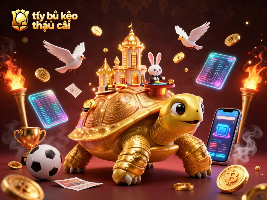 Experience tỷ lệ kèo nhà cái in a vibrant scene with a golden tortoise casino, a rabbit dealer, and flying coins.