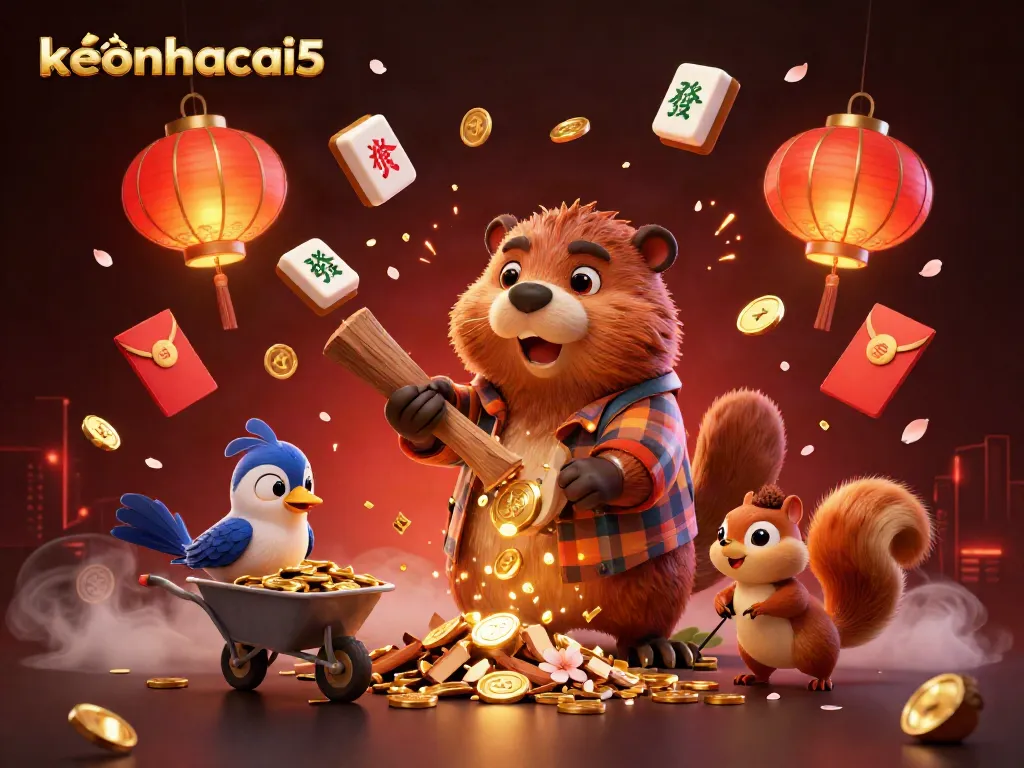 Engage in dynamic betting strategies with keonhacai5, featuring fun cartoon characters and casino elements.