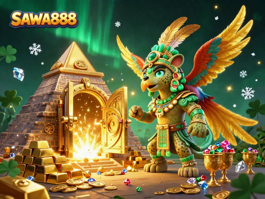 SAWA888 showcases a vibrant Mayan-themed casino scene with treasure and jewels.