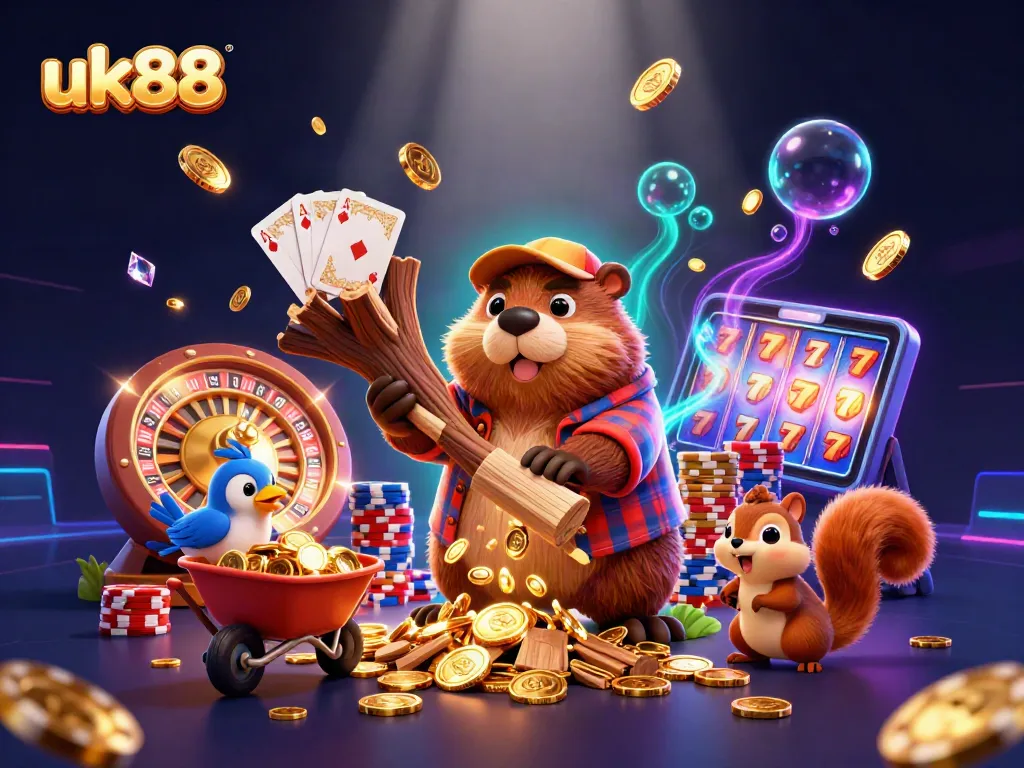 Engage in exciting gameplay at uk88, featuring a dynamic 3D illustration of gold coins and gambling elements.