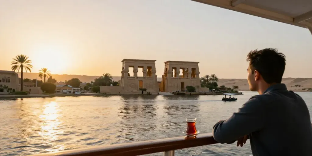 Lake Nasser Cruise traveler enjoying sunset with ancient temples in view.