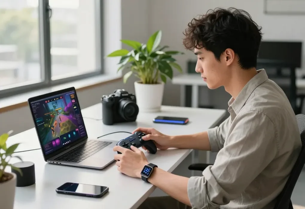 Scene of a young man using the best tech gadgets for men in a modern office setting, showcasing Bluetooth gaming controllers and smart devices.