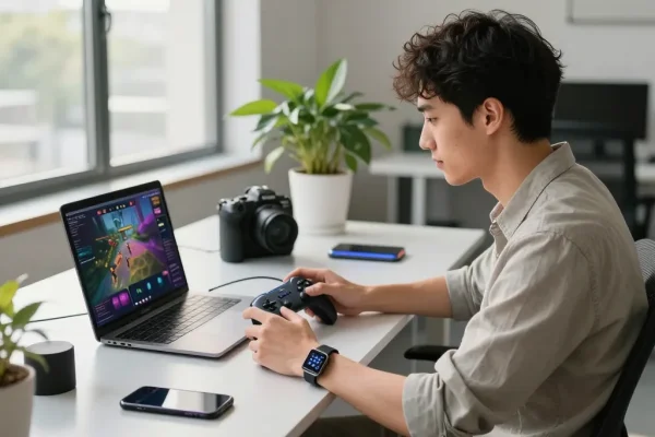 Scene of a young man using the best tech gadgets for men in a modern office setting, showcasing Bluetooth gaming controllers and smart devices.