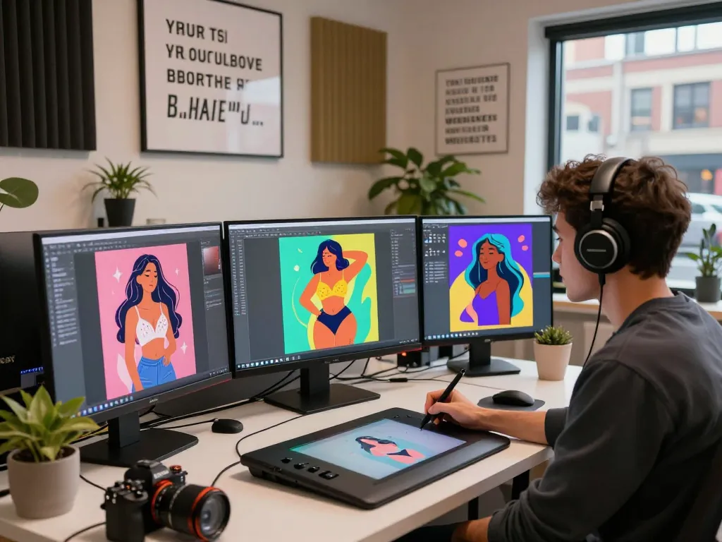 Creative designer using AI to produce illustrations on sexual wellness in modern studio.