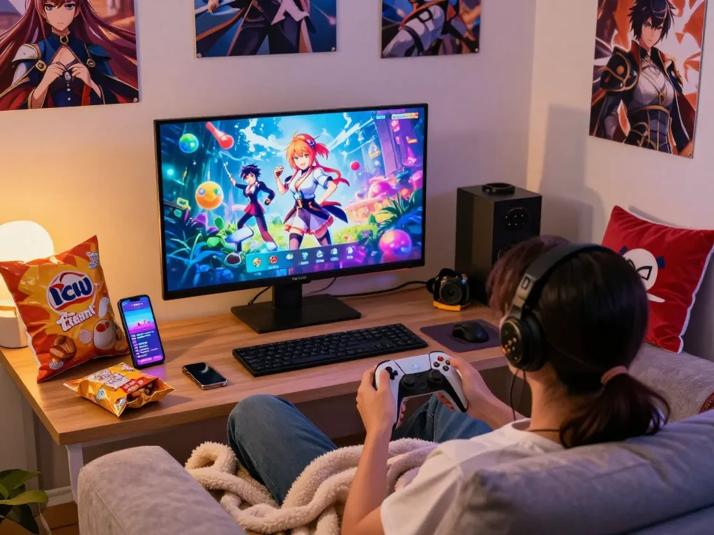 Engaged player enjoying a porn game online in a cozy gaming setup with snacks and ambient lighting