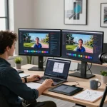 Developer using motion AI to create dynamic videos in a modern tech workspace.
