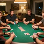 Players enjoying a thrilling poker game at home with chips and cards, showcasing nhà cái SC88 experience.