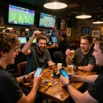 Excited bettor placing bets on sports with cm88seo mobile app in a vibrant bar.