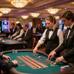 Engage with 79king at a lively casino, players focused on spinning roulette wheels.