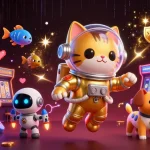 Cakhiatv showcases a vibrant 3D space scene with a cat astronaut, dog, and alien fish, blending gaming elements and slot themes.