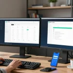 爱思助手在现代办公场景中的应用，展示设备健康和备份进度。