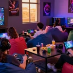 Engaged users playing NSFW games in a vibrant gaming lounge with snacks and drinks.