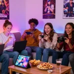 Group enjoying hentaigames on devices in a cozy living room setting.