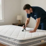 Expert pest control technician ensuring effective bed bug pest control in a Milwaukee bedroom.