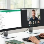 Using WhatsApp電腦版 in a modern workspace with vibrant tech elements.