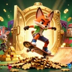 Experience mb66 with a dynamic scene of a skateboarder fox and BMX rabbit amidst vibrant casino symbols.