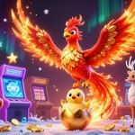 Nohu90 showcases dynamic gaming energy with a blazing phoenix and arcade elements in a rich casino scene.