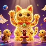 Engage with GK88 game as golden fireflies embody a lucky cat amidst vibrant casino symbols.
